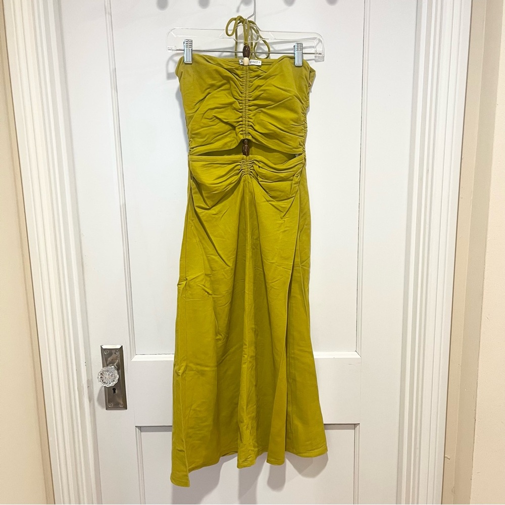 Zara Chartreuse Green Halter Midi Dress M Beads - Picture 2 of 8